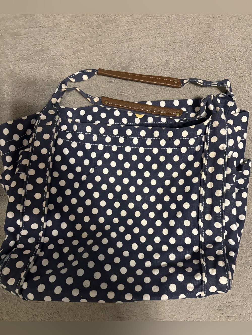 484- Merona Navy and White Polka Dot Tote with Brown Trim